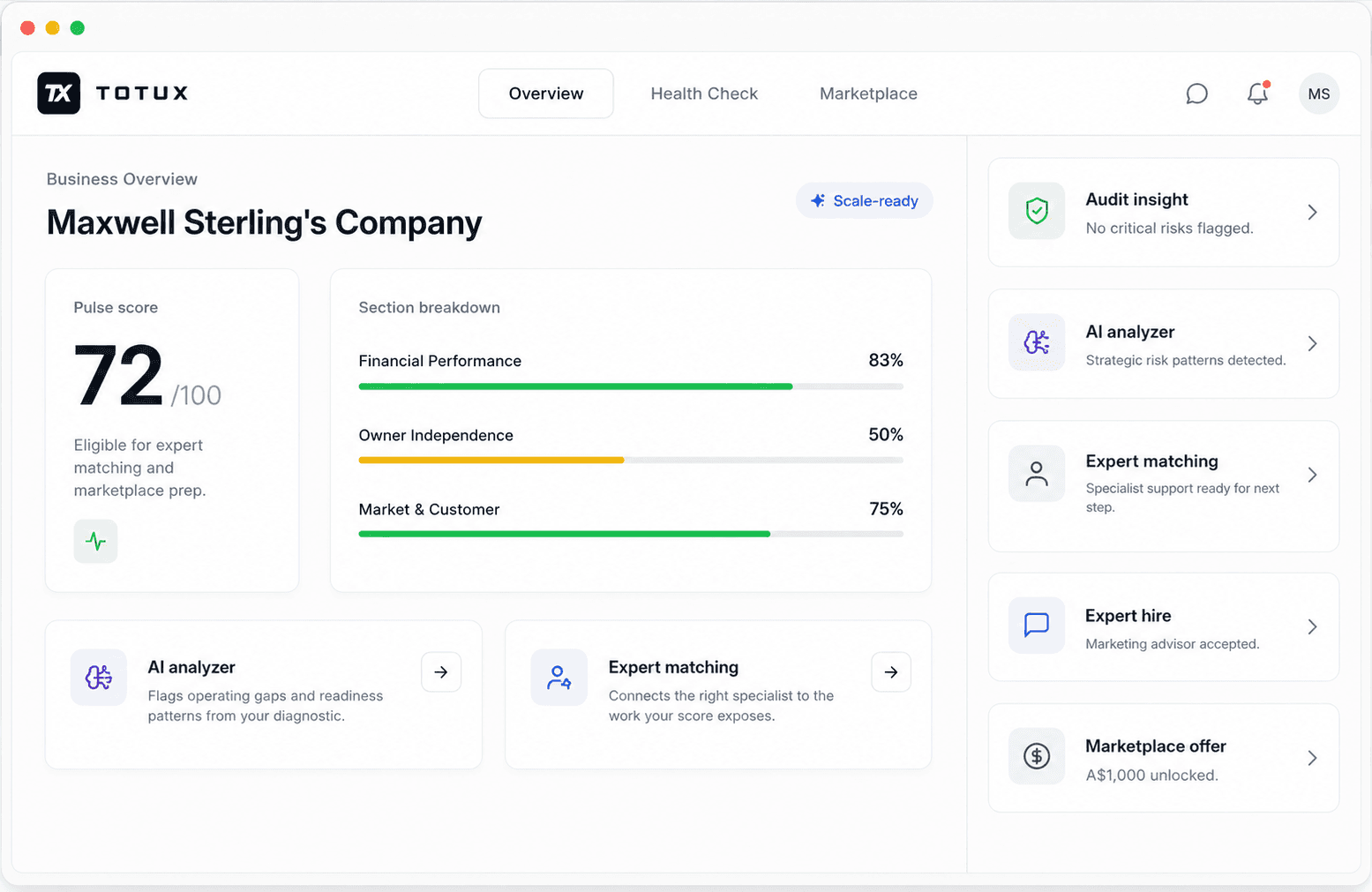 Totux business health workspace dashboard